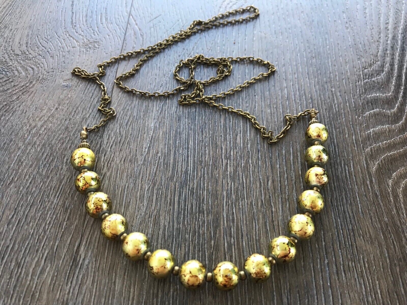 Long Bronze Chain Necklace with Gold Metallic Round White Glass Beads Handmade