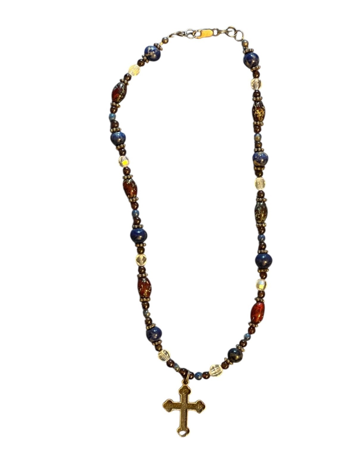 Cross Pendant Lapis Lazuli & Red Brown Art Glass and Crystal Beads Handmade
