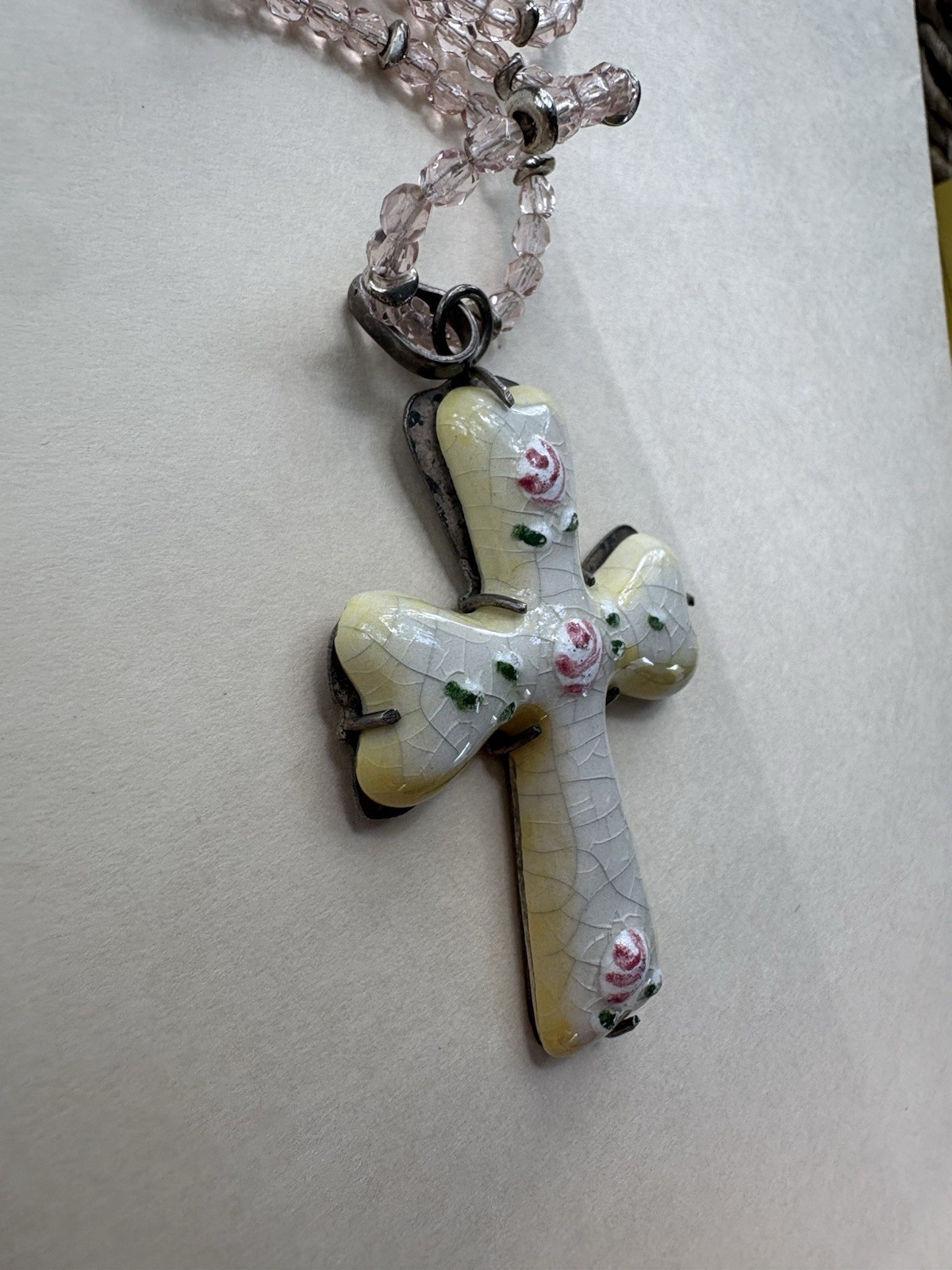 Handcrafted Glass Beaded Cross Pendant Necklace Floral Design Pink Chain