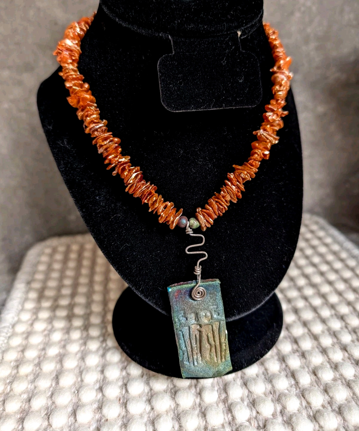 Handmade Mother-of-Pearl Necklace Sterling Wire Fused Glass Pendant 16-18 in
