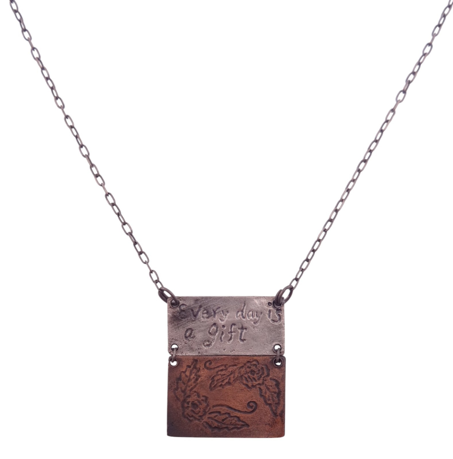 Anju Mixed Metals “Every Day is a Gift” Floral Debossed Pendant Necklace – NEW