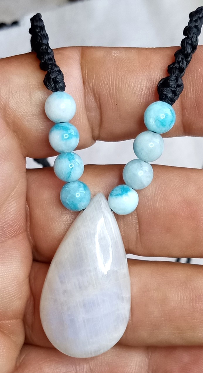 Moon Stone with Larimar Beads Hand braided Necklace.