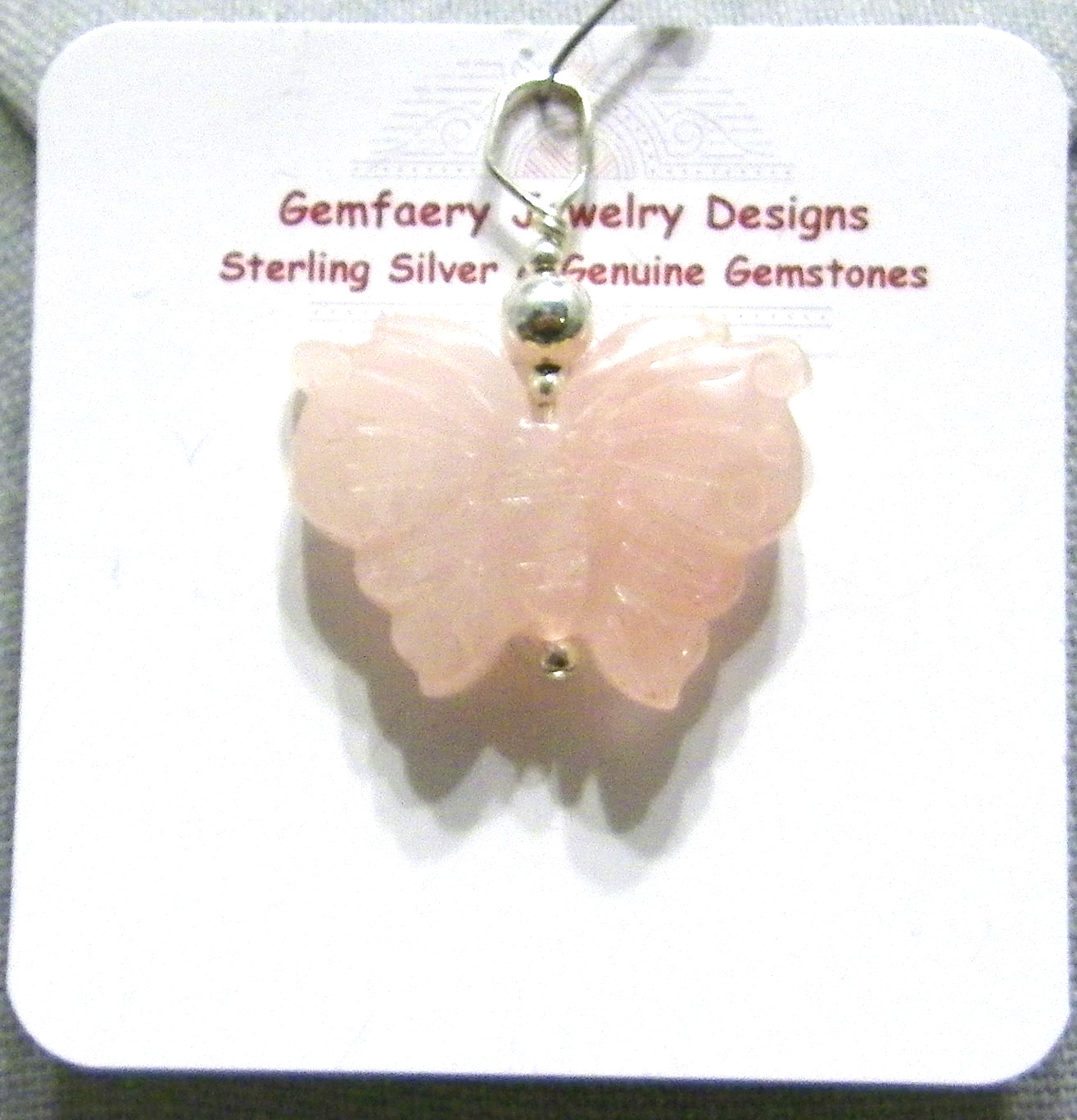 Sterling Silver Carved ROSE QUARTZ Gemstone BUTTERFLY Pendant…Handmade USA