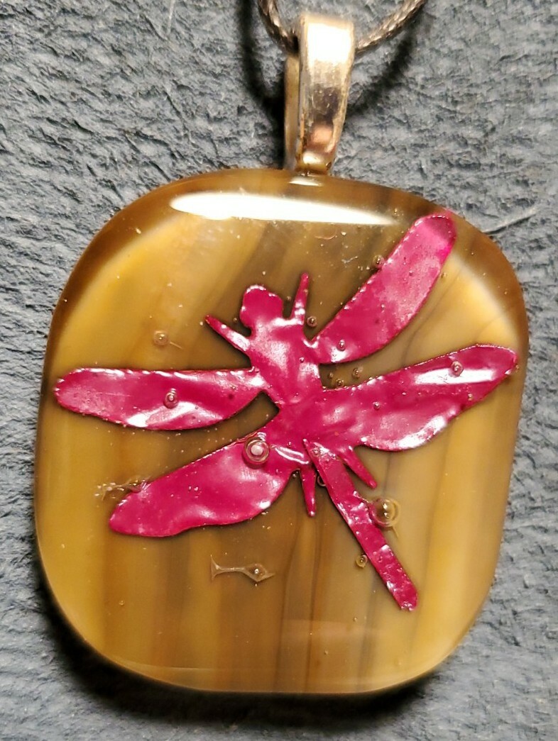 Dichroic Art Glass Pendant Fused & Hand Crafted Brown Dragonfly Inlay