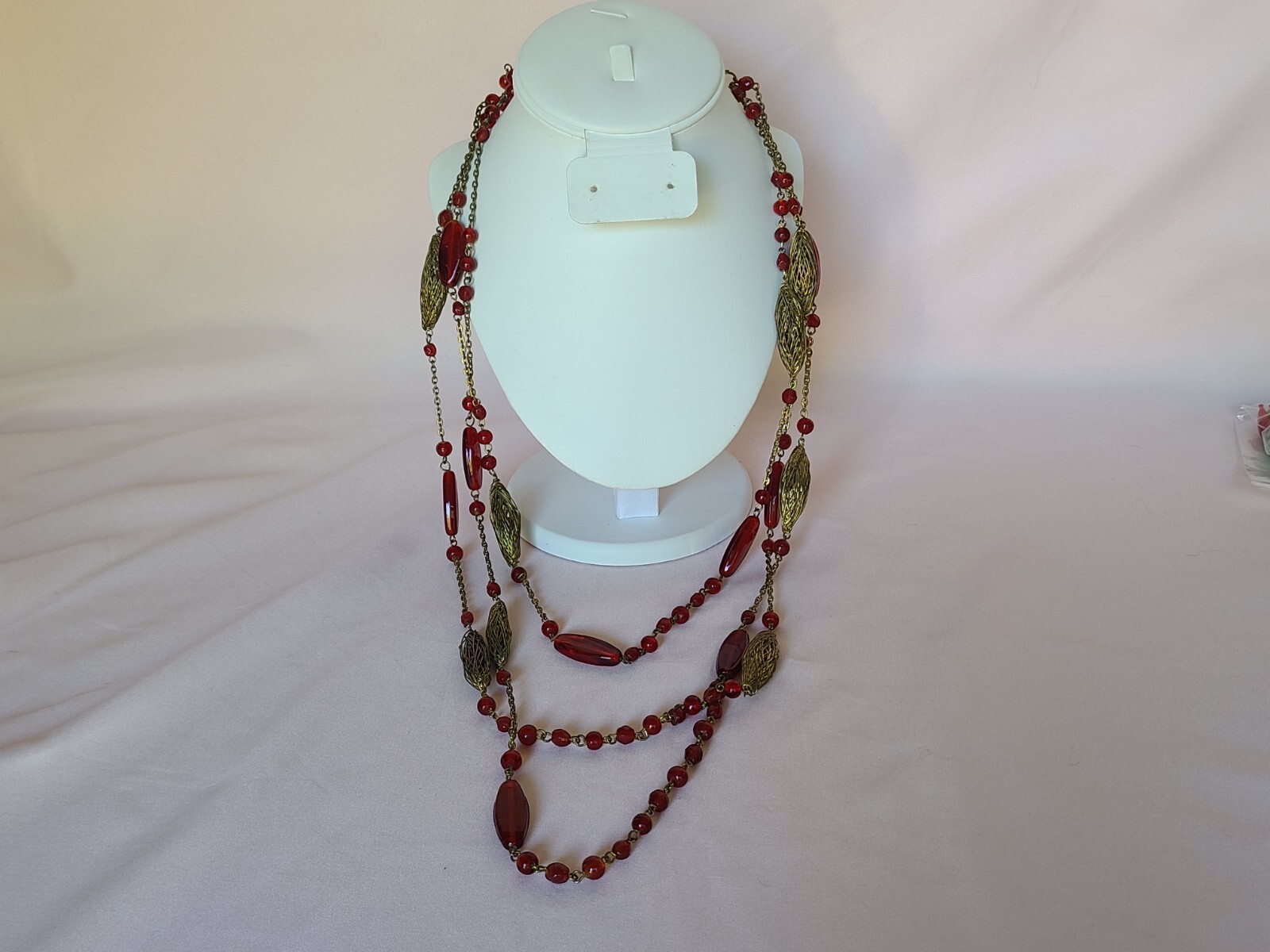 Venetian Red Glass Wrapped Wire Beaded Necklace Ball Link Station Multistrand