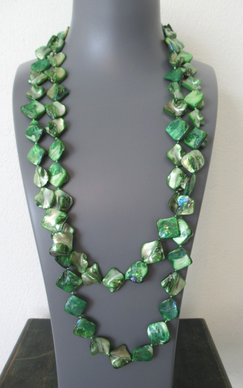 Extra Long Natural Abalone Bead hand Knotted necklace, 56″ Long Green