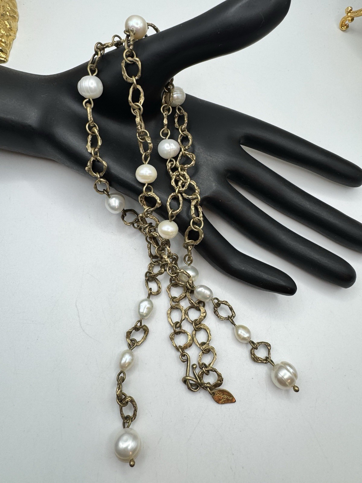 Beautiful Artisan Silvana K. Modernist Gold Tone Brass Necklace Freshwater Pearl