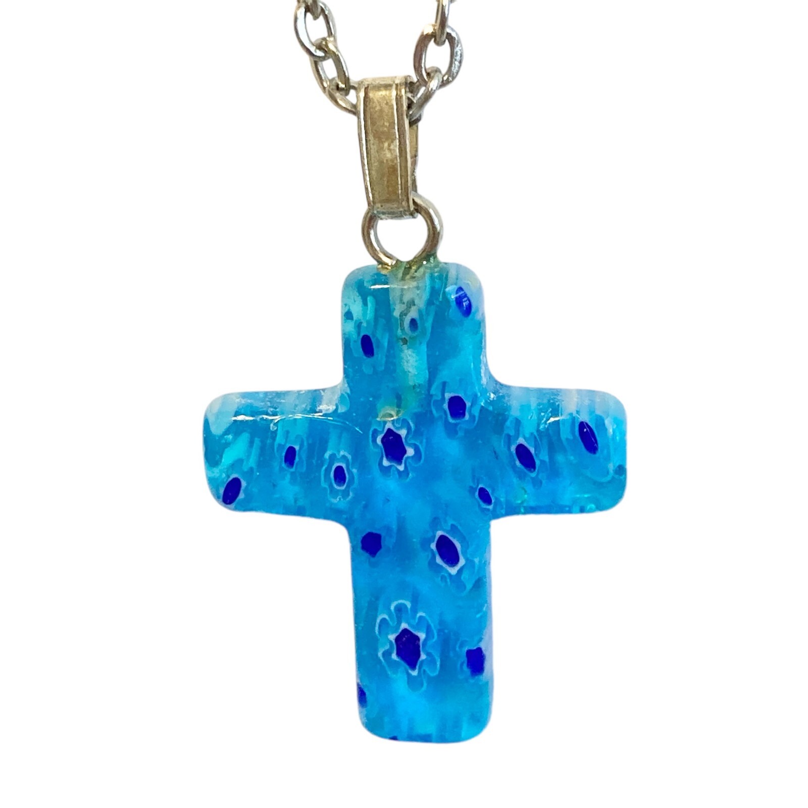Vintage Blue Murano Art Glass Cross Necklace Millefiori Flowers Stainless 18″