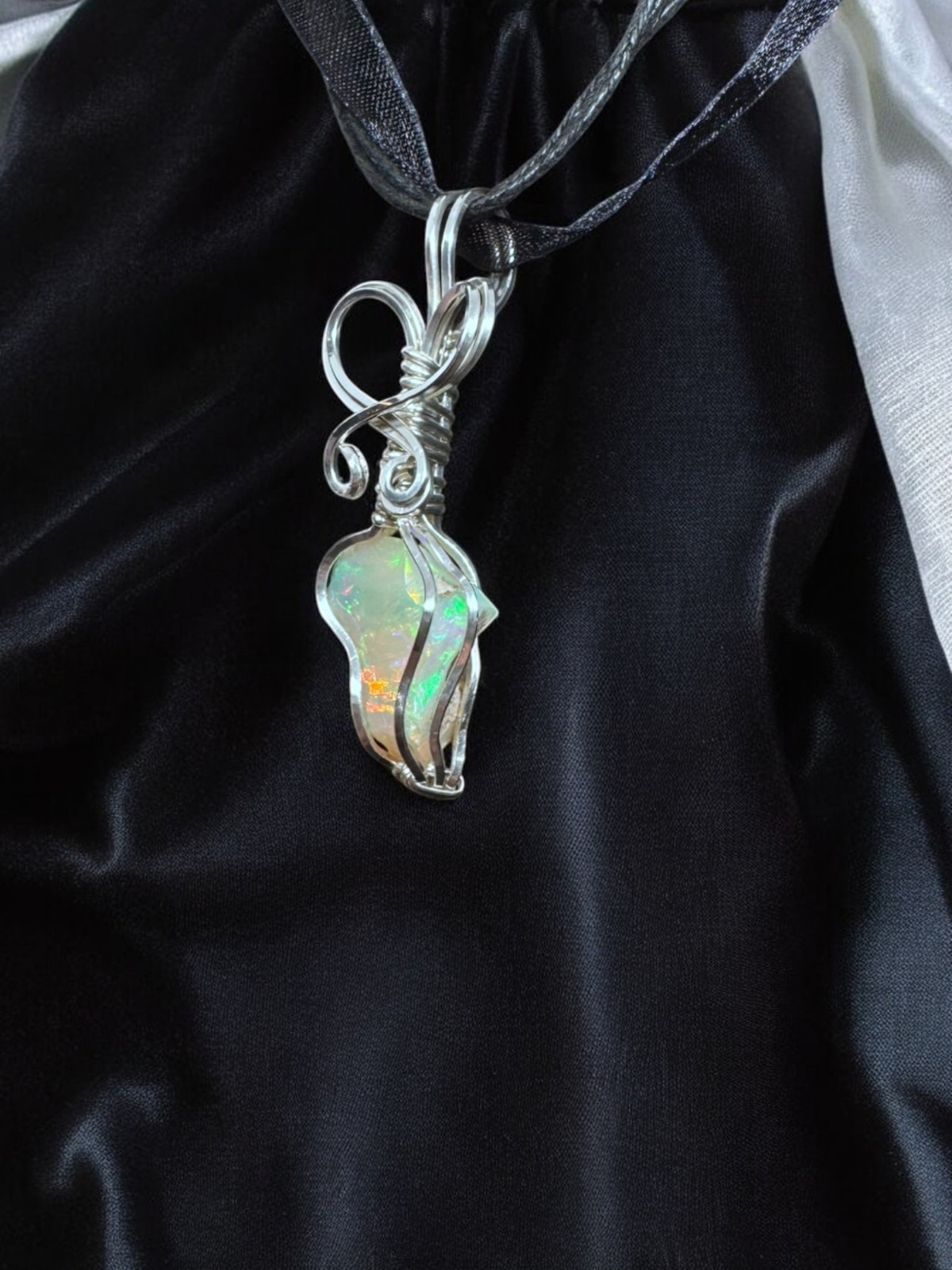 Ethopian Opal Pendant Yellow Orange Green Blue Wire Wrapped Silver Pendant