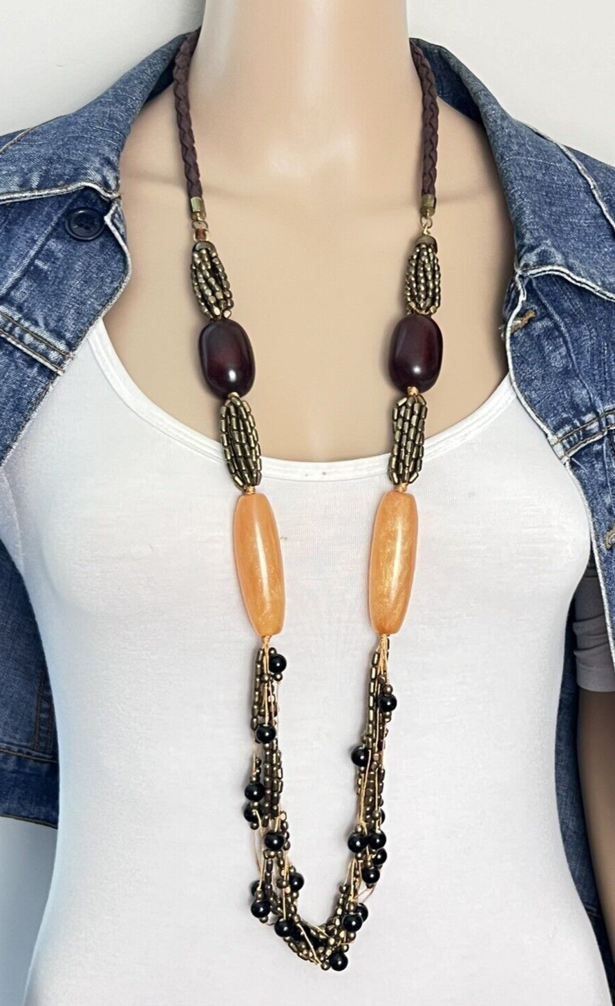Chunky Artisan Beaded BOHO Necklace 40 in Long