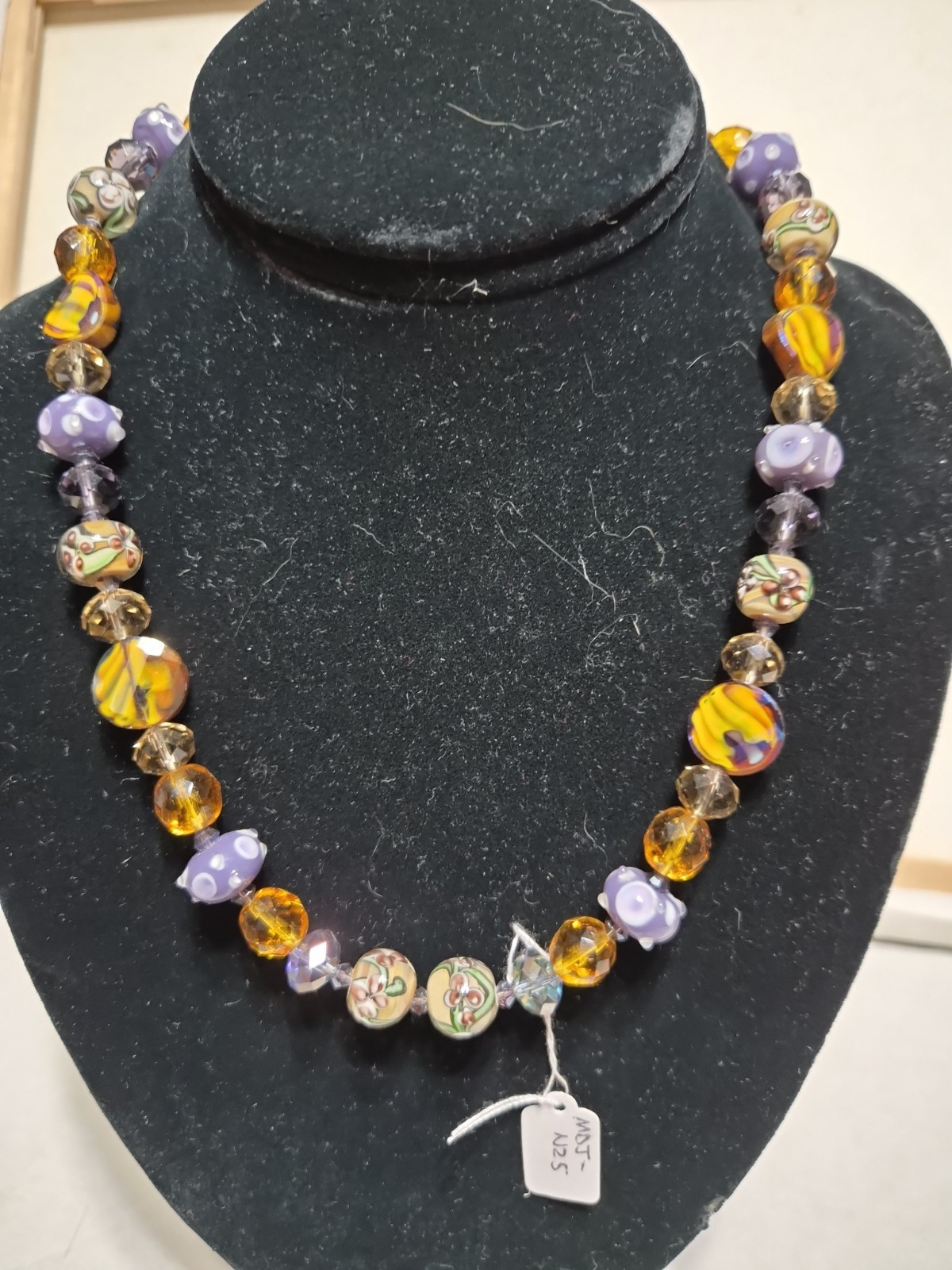 Handmade 22″ Beaded Necklace With Rhinestone Heart Tassel Pendant Purple Gold