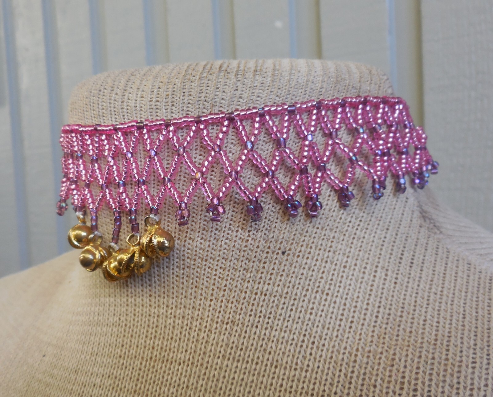 Netted Weave Beaded Adjustable Choker Necklace with Dancing Bells in PInk Purple