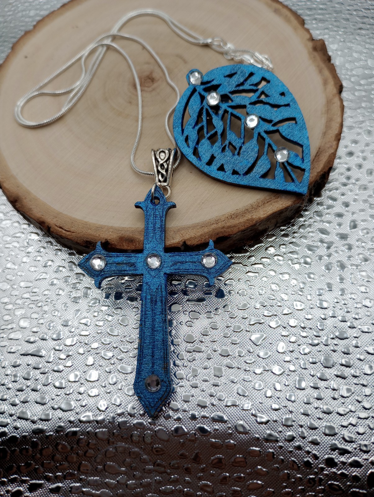 Handmade Wood Cross Pendant Necklace In Color Blue With Crystal Beads