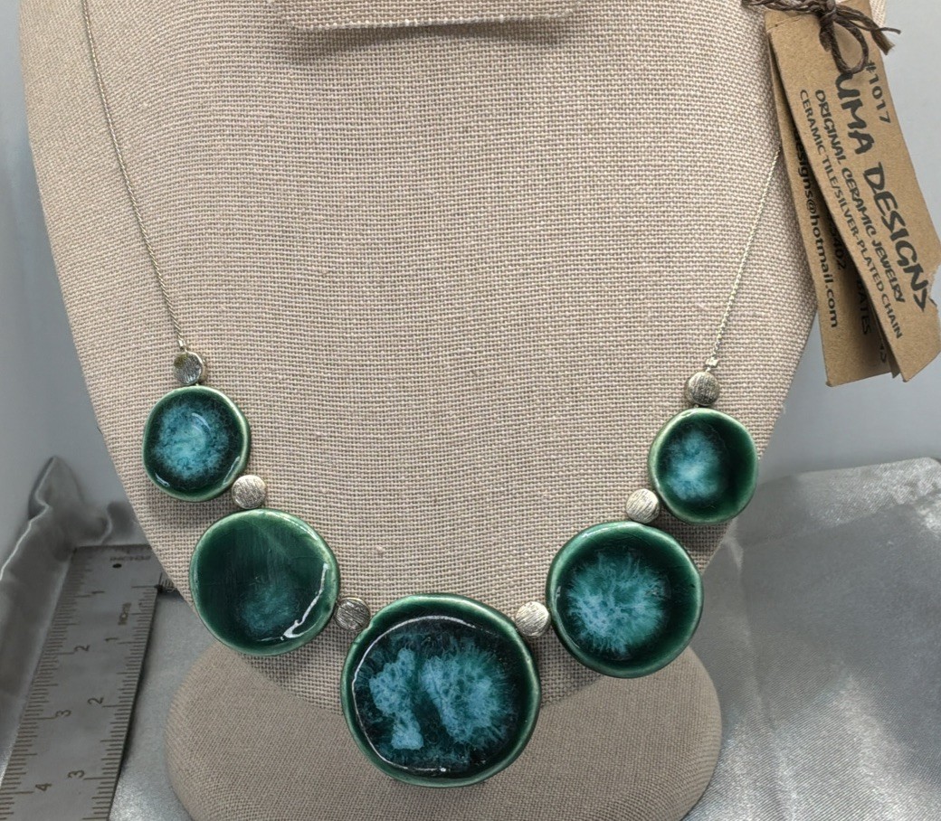 Ceramic Necklace Artisan Blue Green Swirl Circle Discs Silver Plated Chain