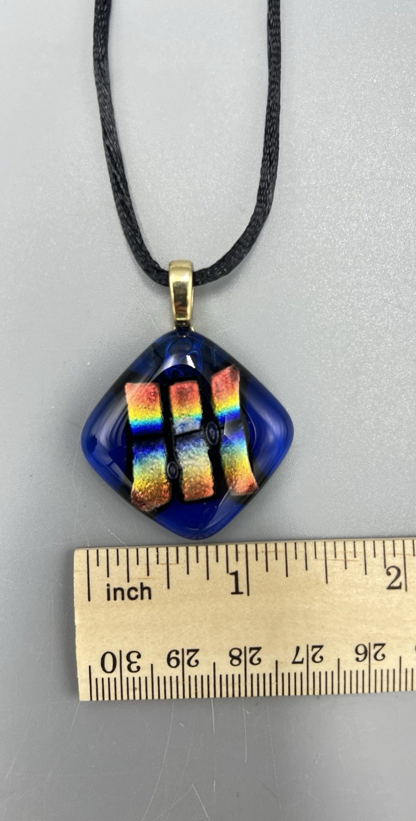 Handblown Glass Dichroic Necklace Handmade Kiln Pendant Artisan Blue Gold