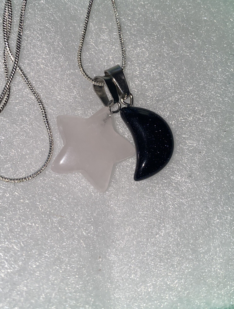 Rose Quartz Star n Blue Goldstone Moon Boho Hippie Sterling Silver Necklace 24”