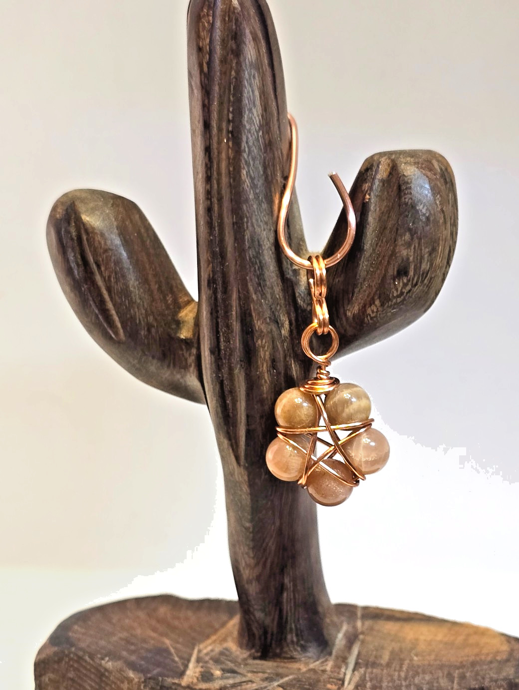 Copper Wire Wrapped 5-Point Star Pendant with Sunstone & 8mm Beads