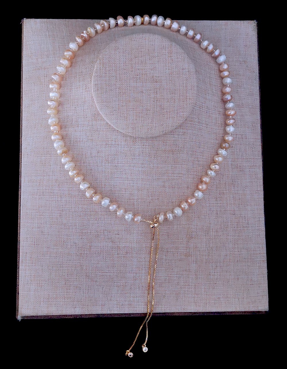 white pink Cushion freshwater pearl Adjust box chain bolo neckace 25″