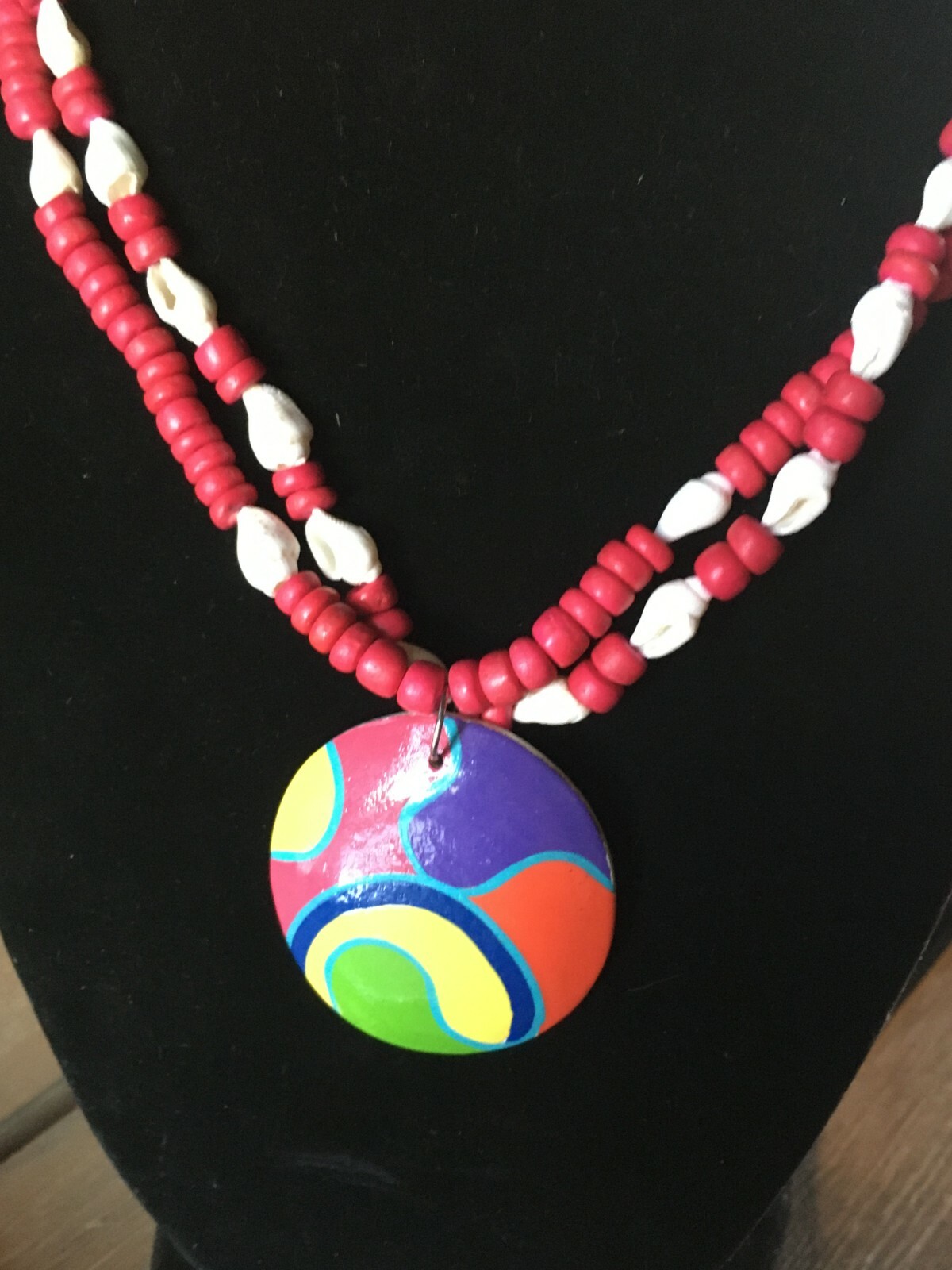 Unsigned Designer Handcrafted Artisan Colorful Wood Bead Tiny Shell Necklace 24″