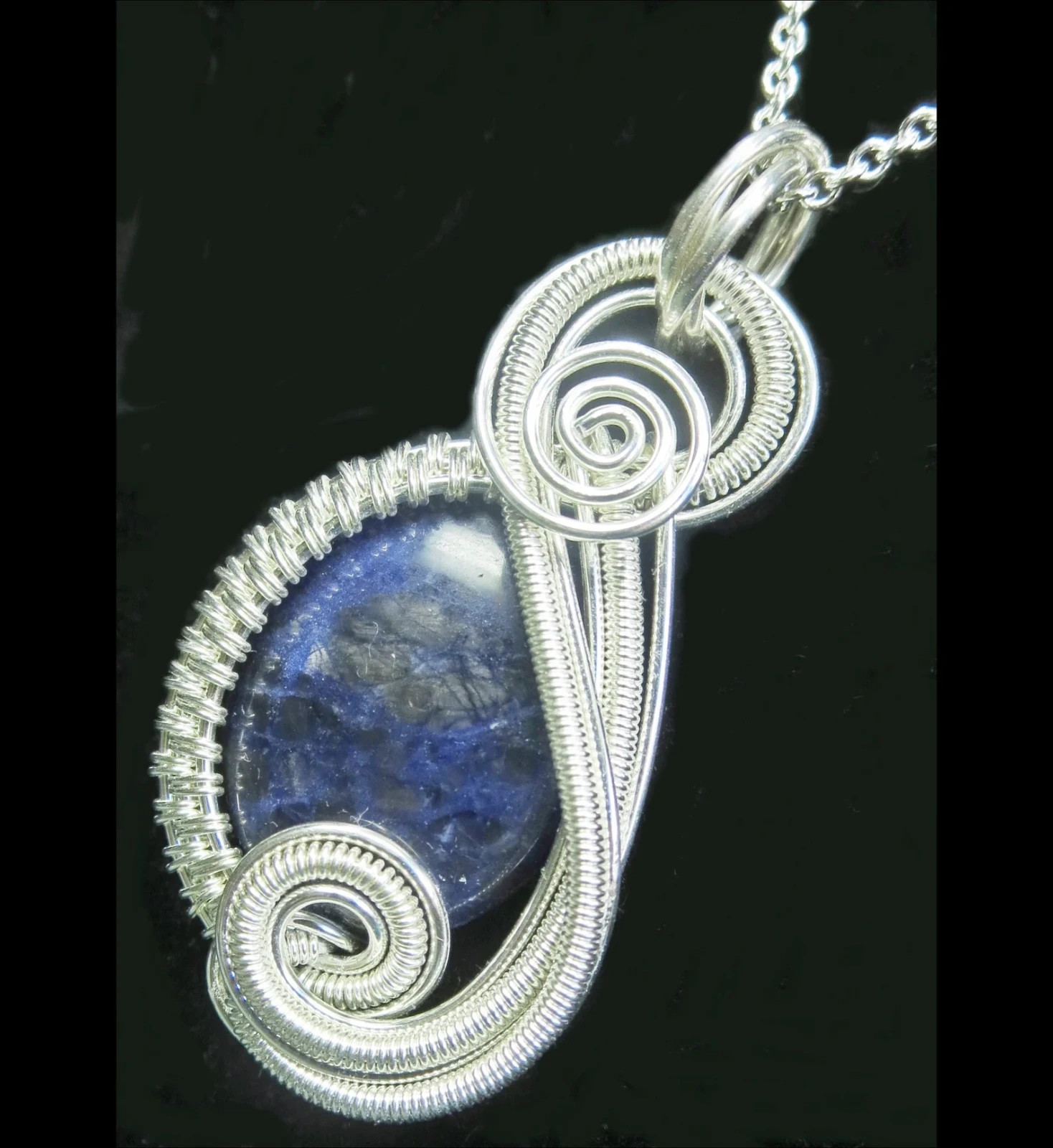 Oval Sodalite Sterling Silver Necklace – Swish Model Wire Wrapped Blue Gemstone