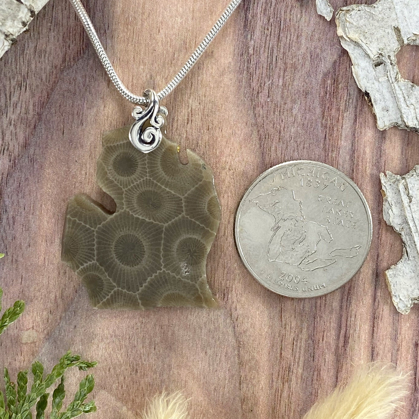 Michigan-Shaped Petoskey Stone Pendant