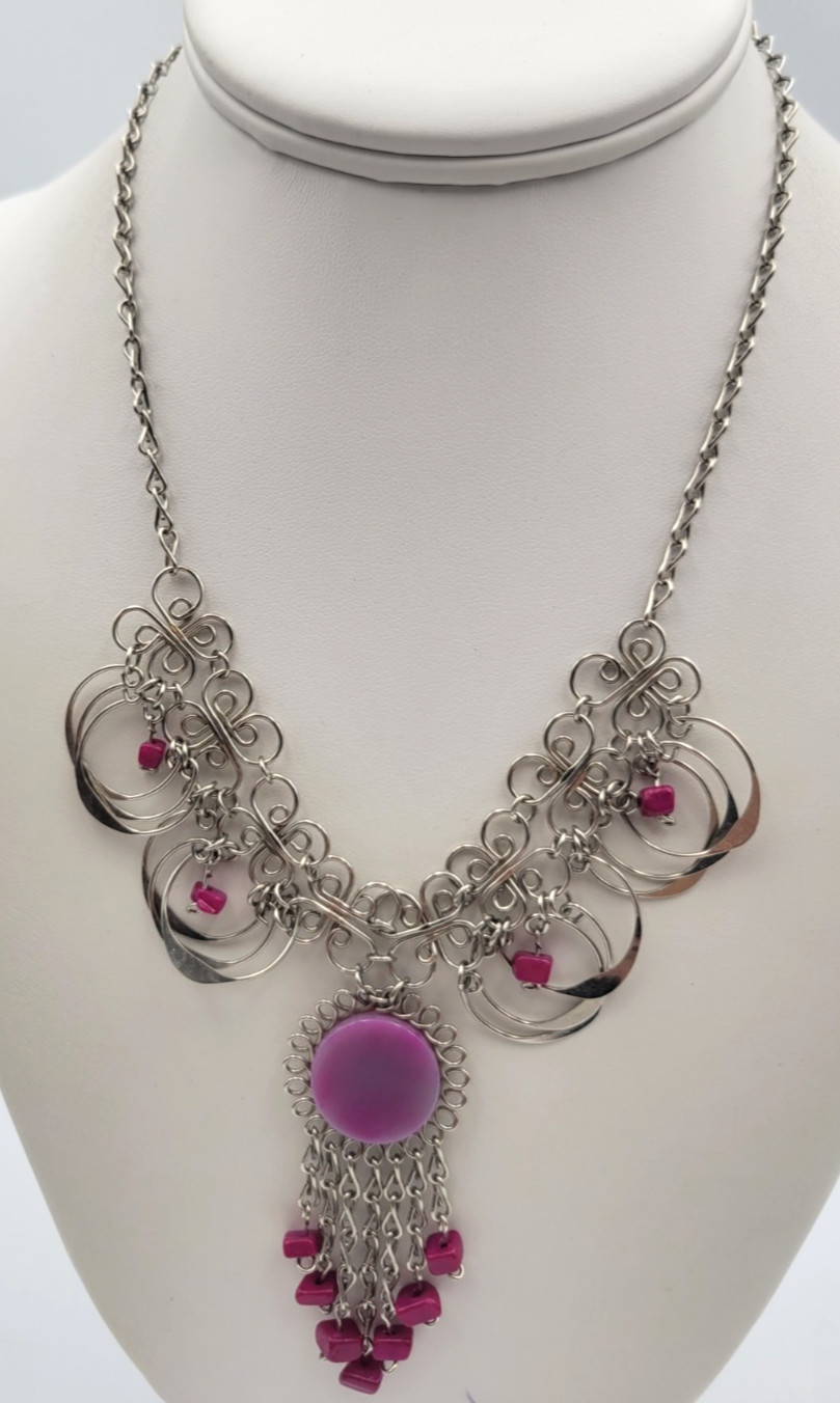 Artisan Wire Wrap Stone & Tassel Silver Tone Necklace Magenta Pink 17″