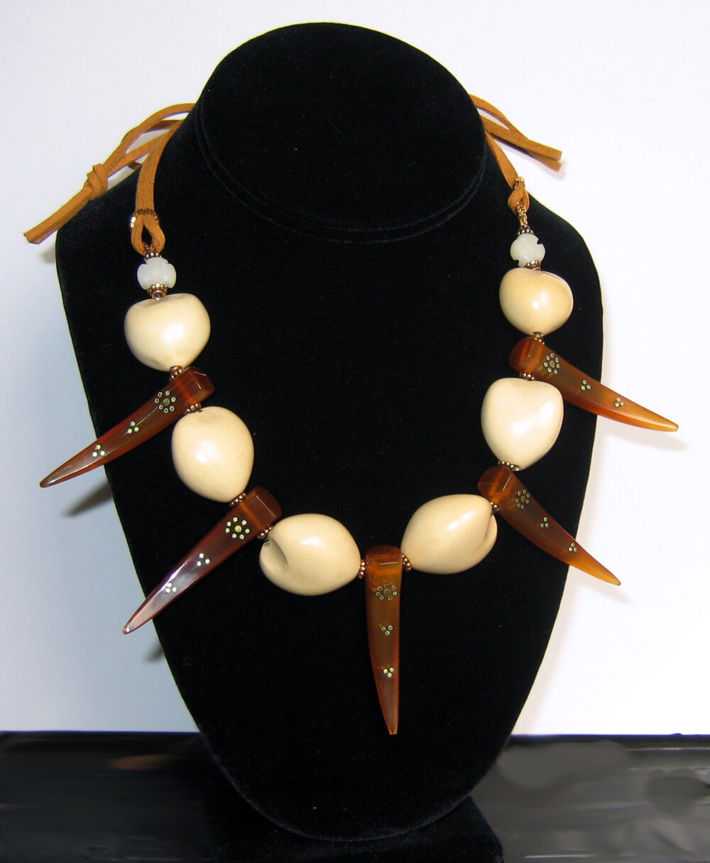 OOAK Artisan Handmade Bohemian choker Kukui nuts, Horn Daggers Teeth Leather Tie