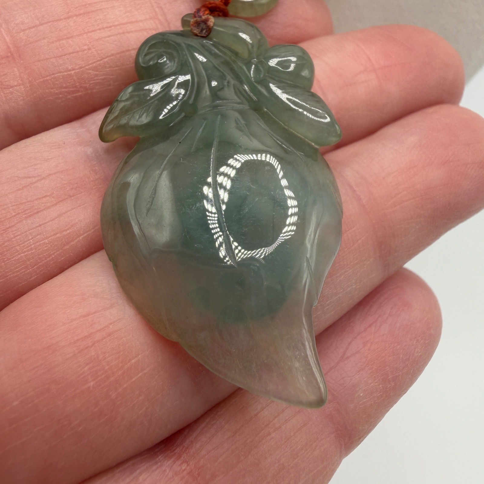 Carved Green Burmese Jadeite Jade Leaf Pendant Black Silk Cord Mixed Beads