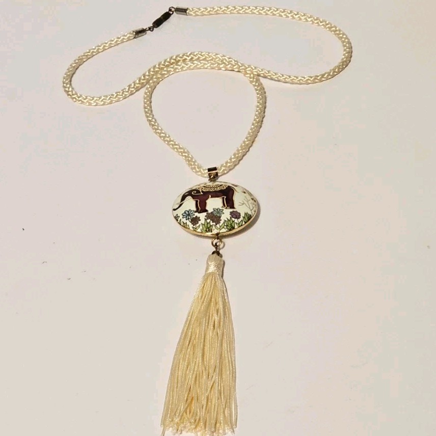 VTG White Cord Tassel Necklace W/ Red Elephant Flowers Round Cloisonne Pendant