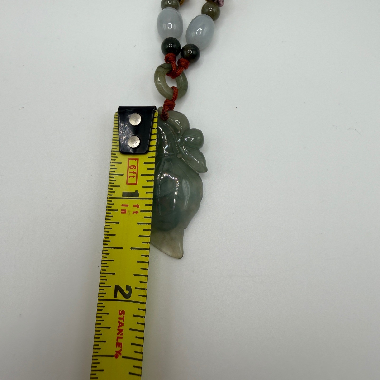 Carved Green Burmese Jadeite Jade Leaf Pendant Black Silk Cord Mixed Beads