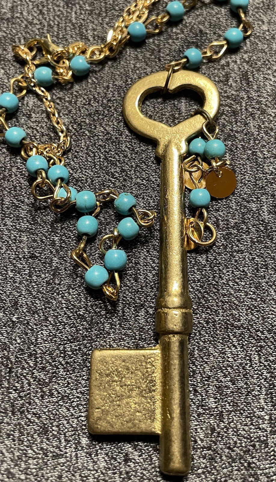 Gold Tone Skeleton Key On Turquoise Beaded Necklace