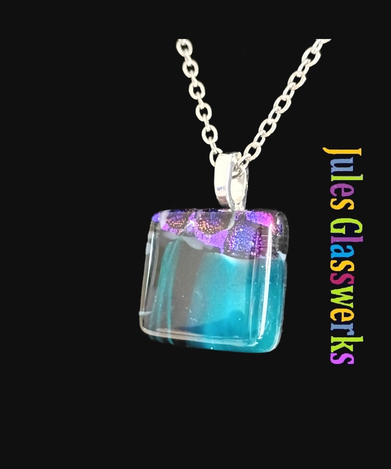 Small Hand Crafted Dichroic Fused Glass Pendant Necklace W/ Chain #1983