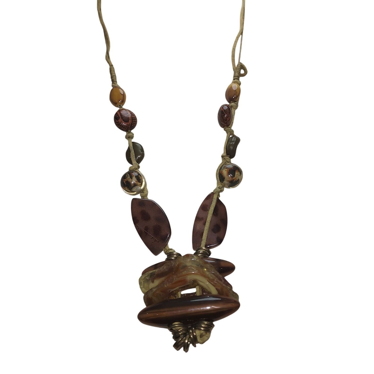 Handcrafted Bohemian Necklace With Earthy Beads Leather Cord & Unique Pendant 16