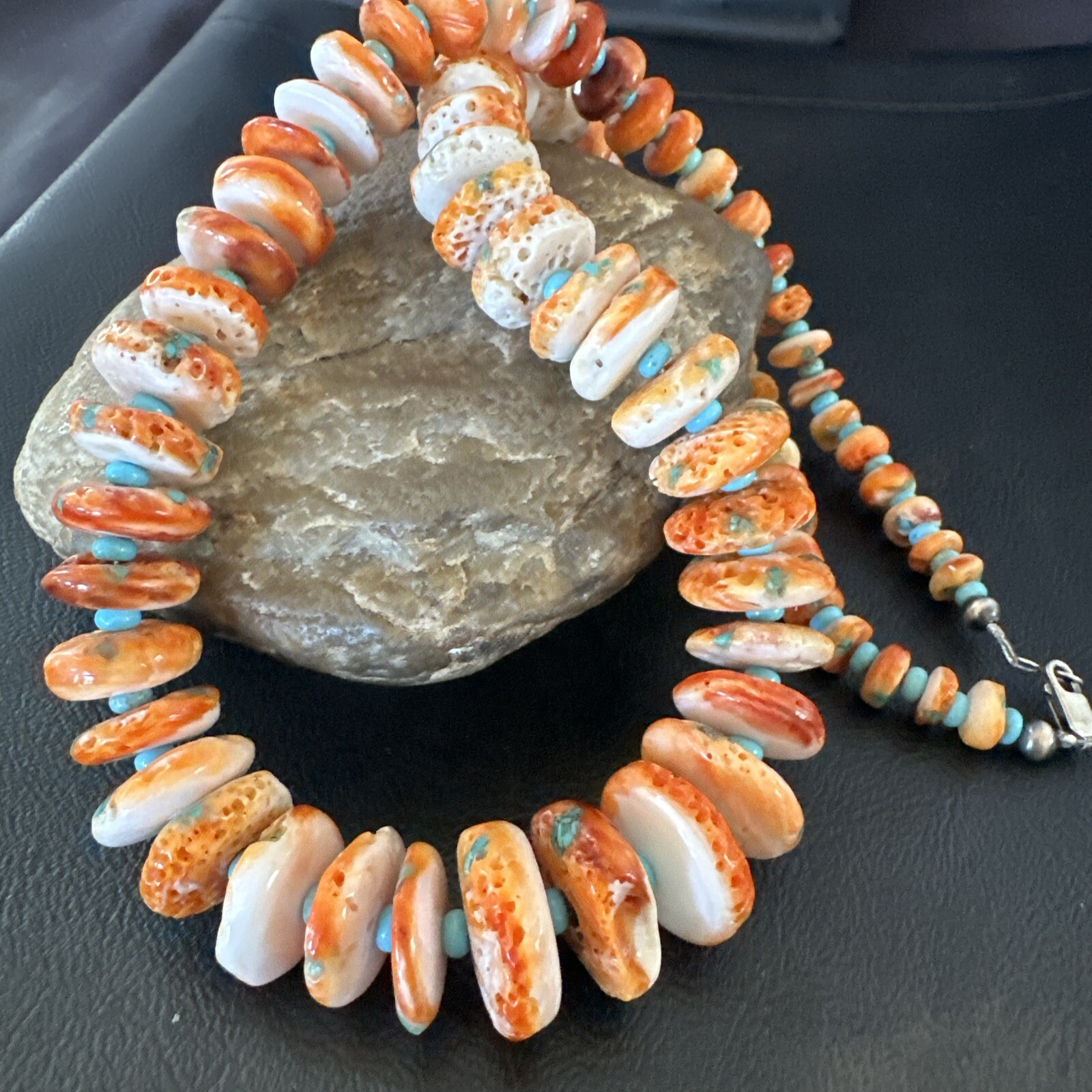 Orange Spiny Oyster Blue Turquoise Navajo Sterling Silver Necklace 23″ 18087