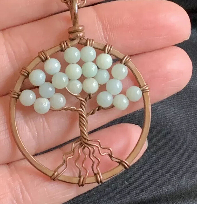 Vintage Copper Twisted Wire Tree Pendant Necklace With Jade Beads 1.5″ Wide
