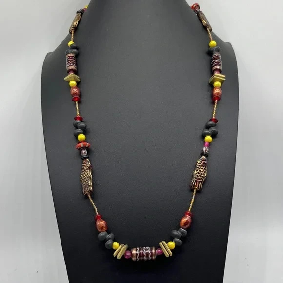 Glass and Ceramic beaded Fish Necklace, red, yellow, black and gold colors