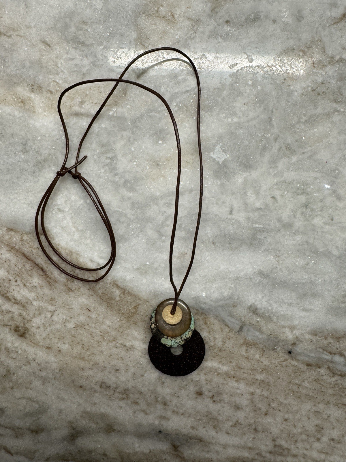 Bohemian Pendant Necklace Leather Cord Adjustable Donut Stacked Stone