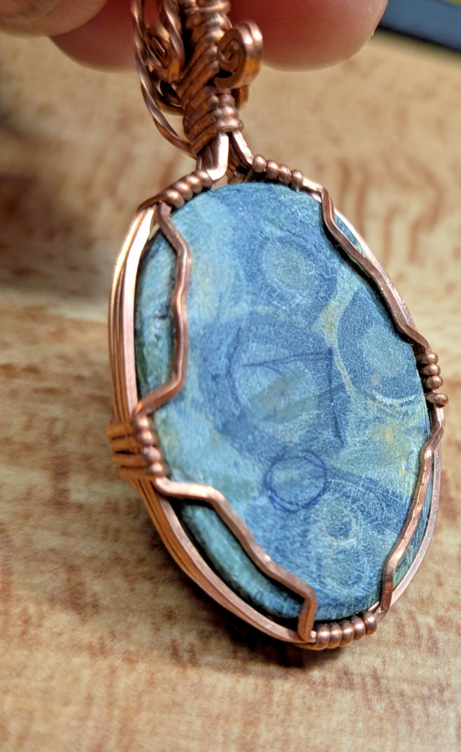 Kambaba jasper necklace copper wire wrapped pendant Design By We 18″ nylon cord