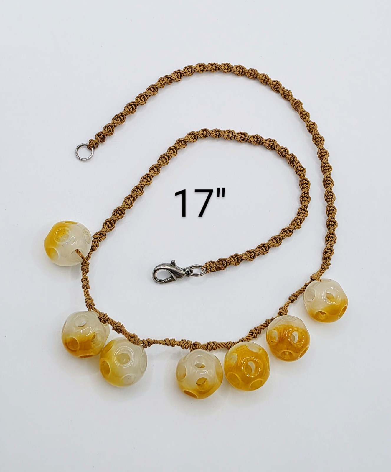 Cord Necklace With Yellow White Stone Carved Beads 17″