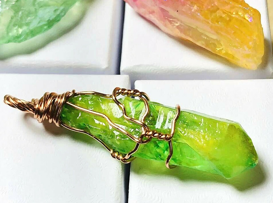 Apple Aura Quartz #AU006 Crystal Necklace Wire WrappeTarnish Resistant Copper