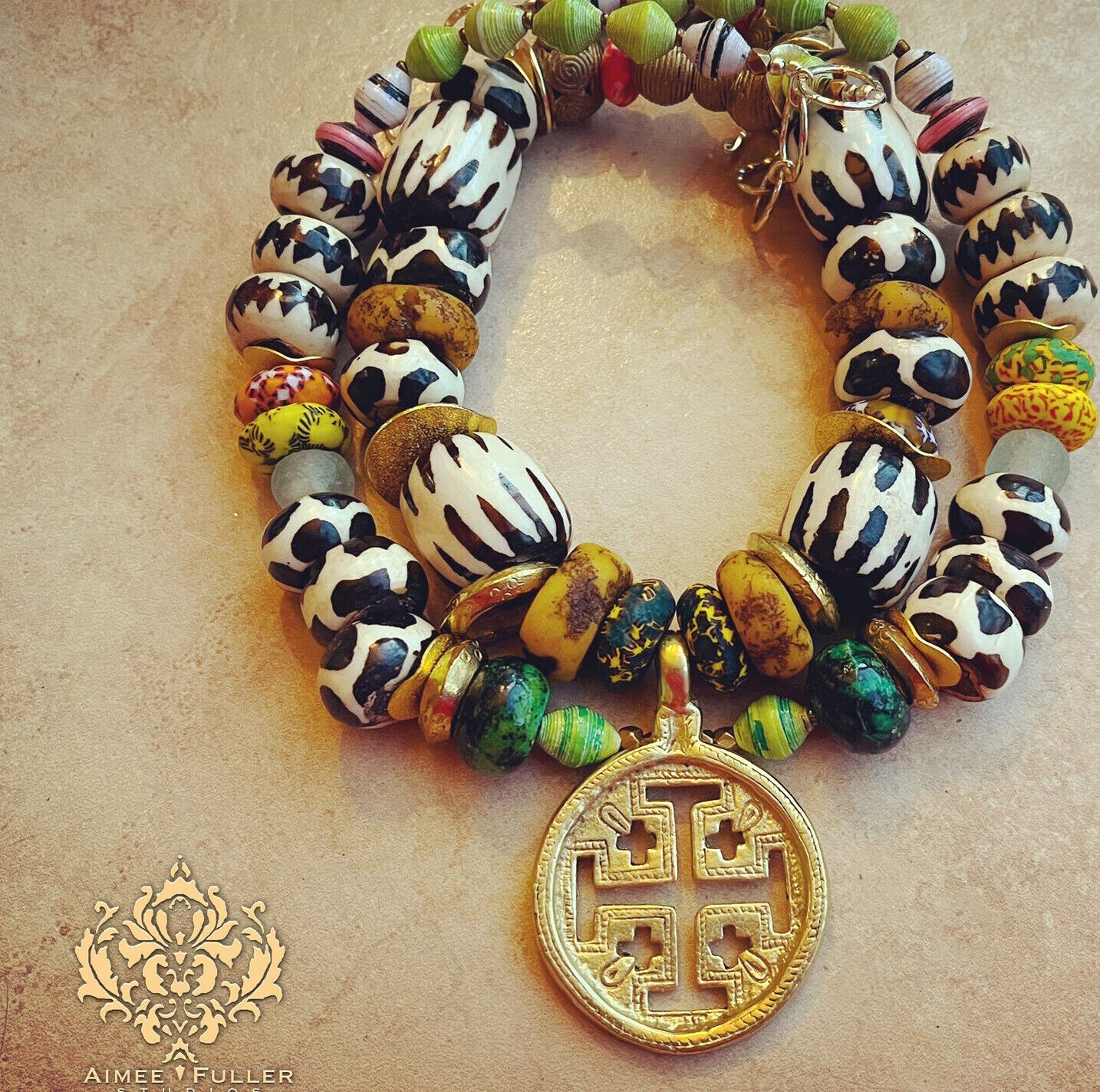 Aimee Fuller Statement Necklace Jungle Pattern Terracotta Batik Bead Black White