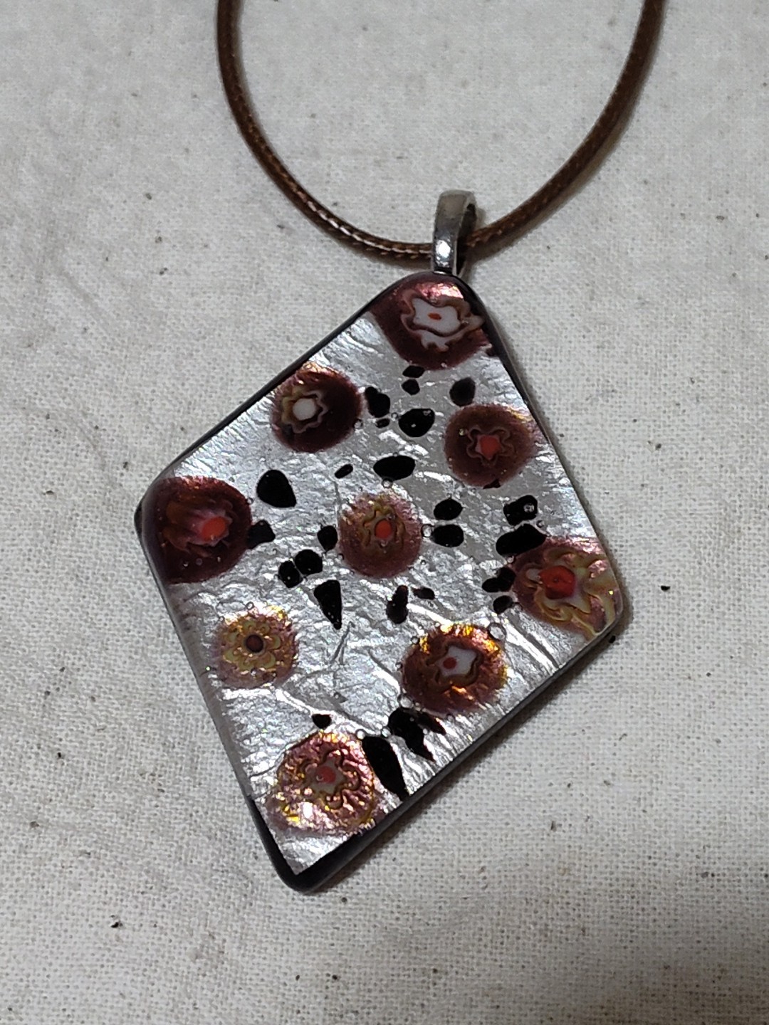 Silver And Brown Dichroic Glass Pendant On 20″ String Necklace Sku 0117 D3