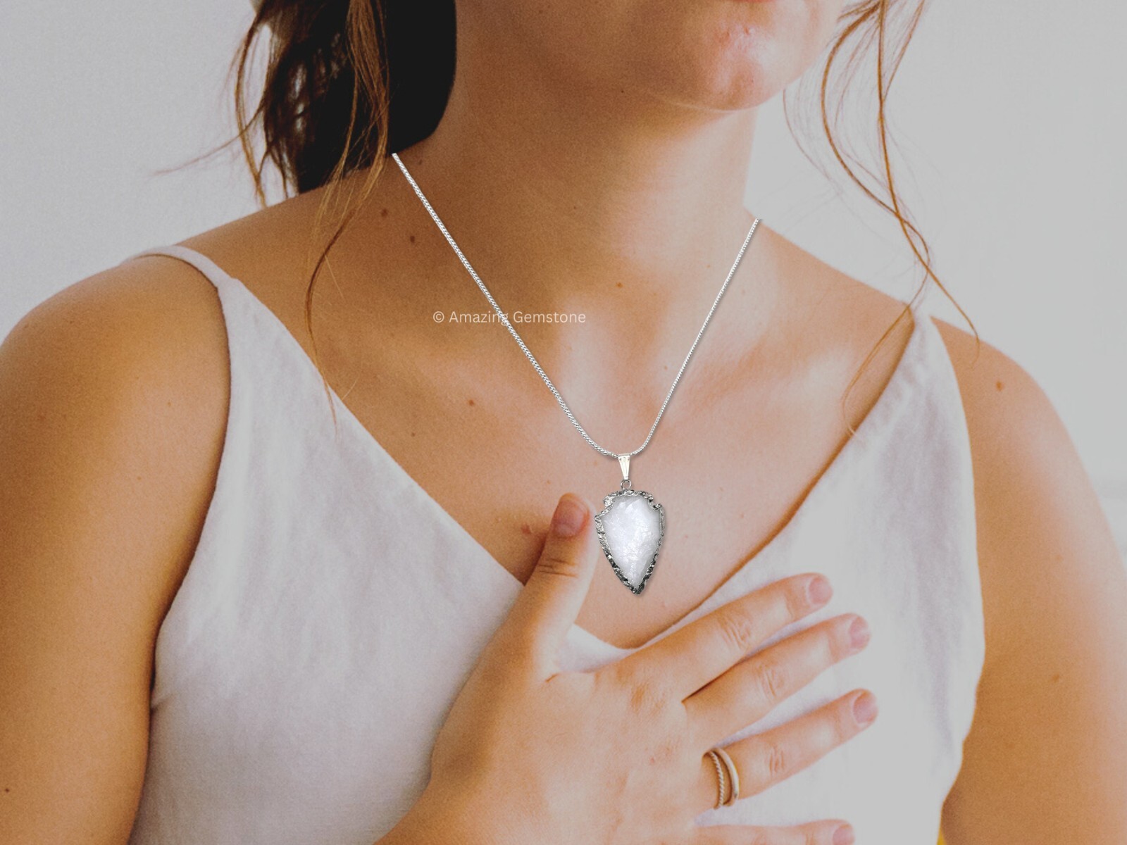 Snow Quartz Arrowhead Necklace Pendant – Silver Plated