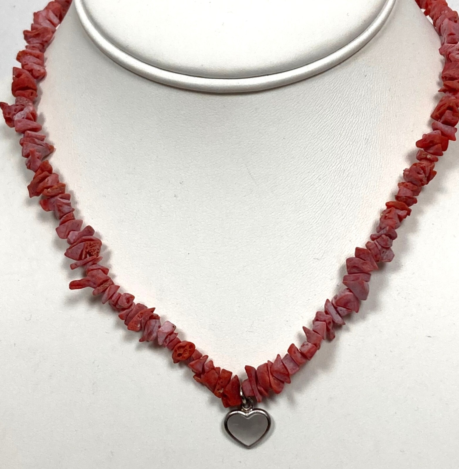 Sterling Silver Heart Pendant Mother of Pearl Inlay on Coral Chip Necklace