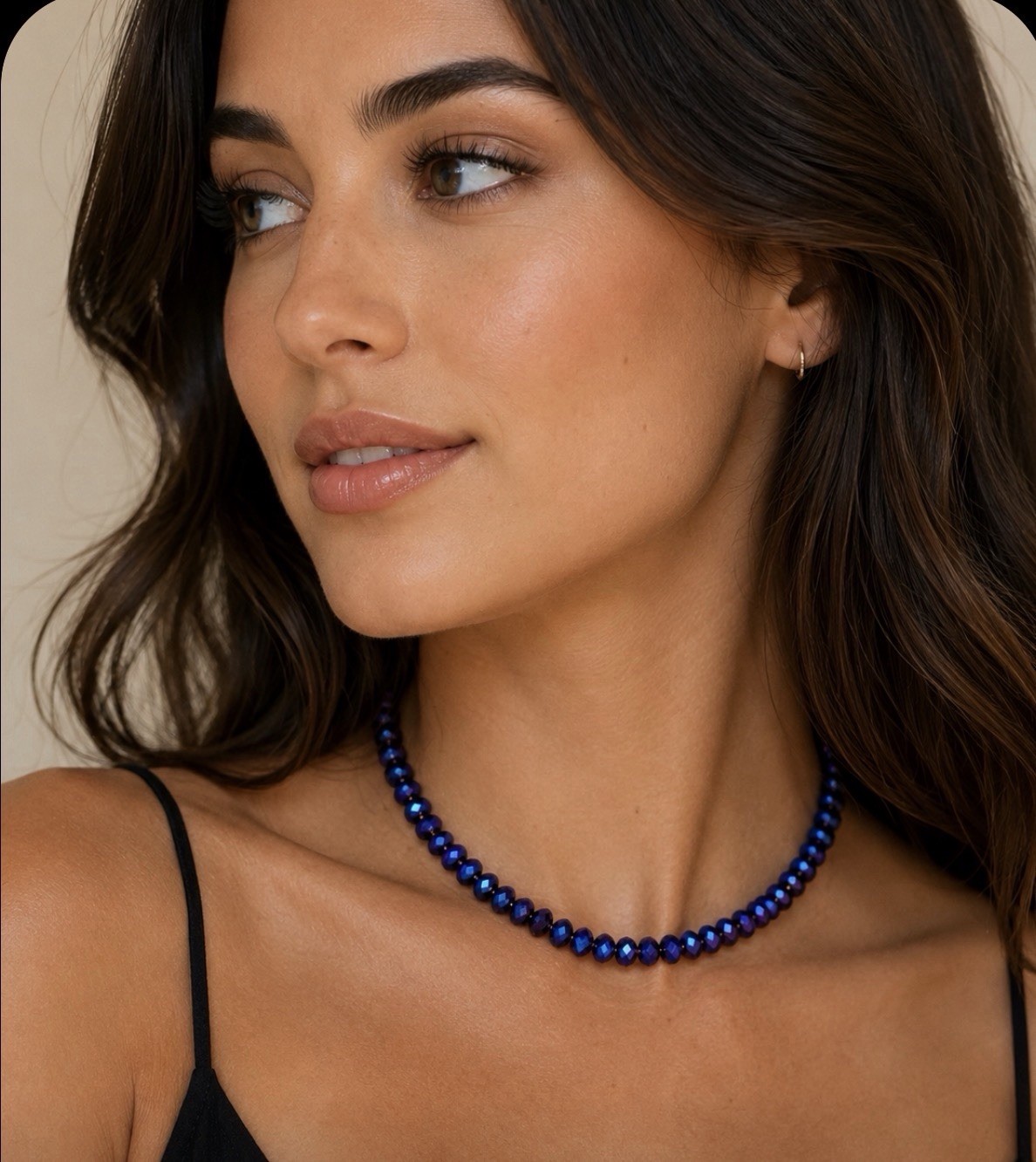 Handmade Crimped End Beaded Necklace Blue and Purple Burnt Beads On Metal Ring