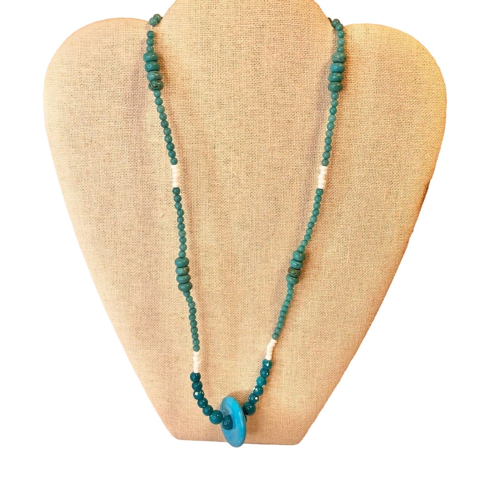 Handcrafted Beaded Necklace Blue Hues and White Beads Pendant Jewelry NEW