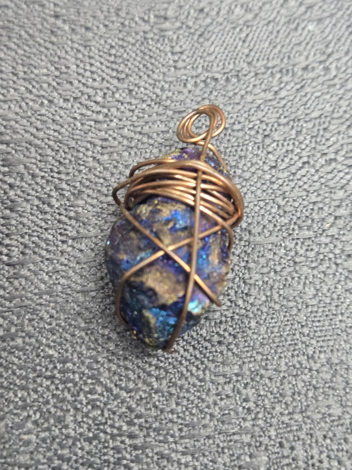 Handmade Copper Wire Wrapped Peacock Ore Pendant Blue Purple Crystal Stone