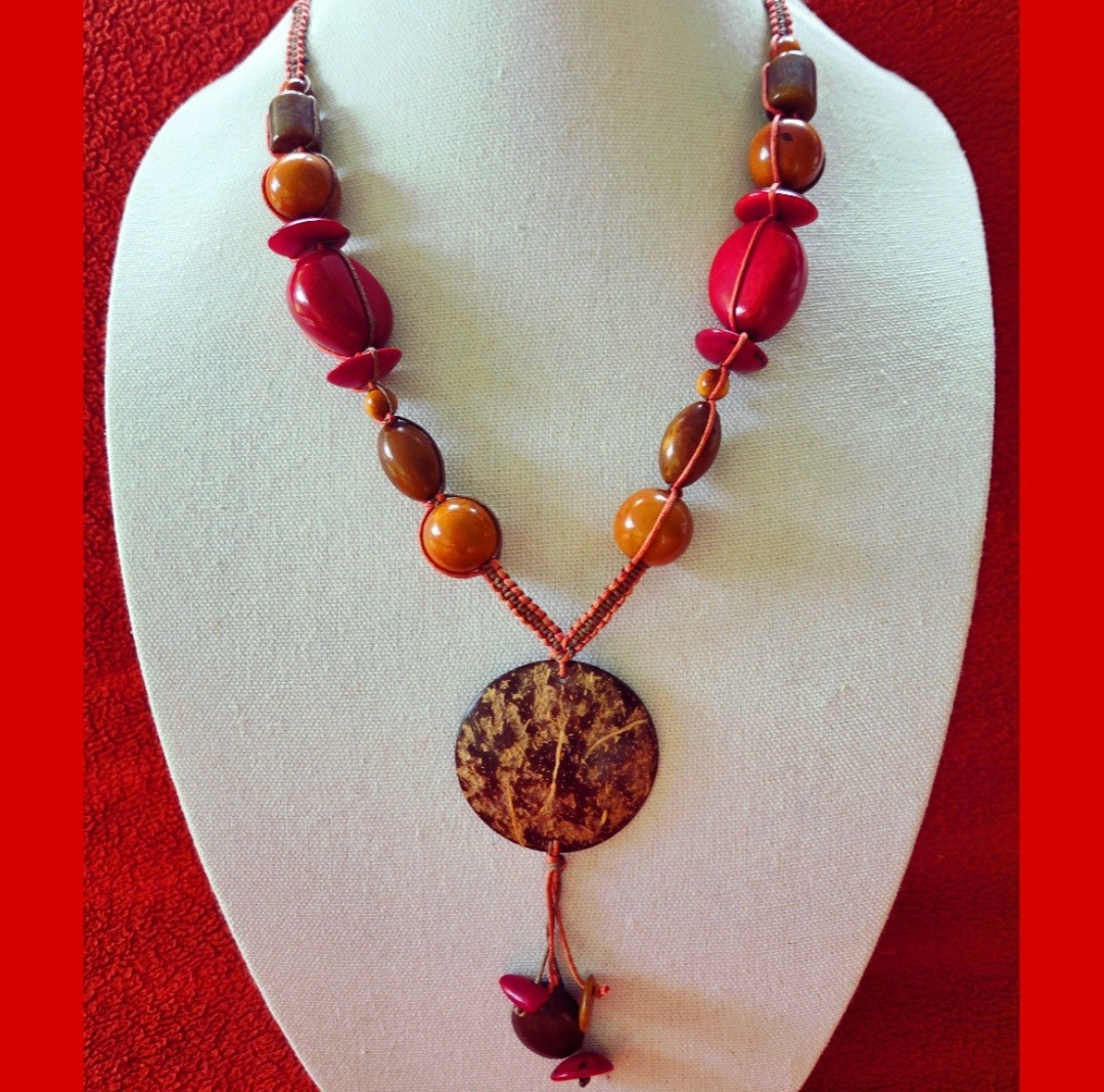 Tagua Nut Statement Necklace Beaded Brown Boho Summer Beach