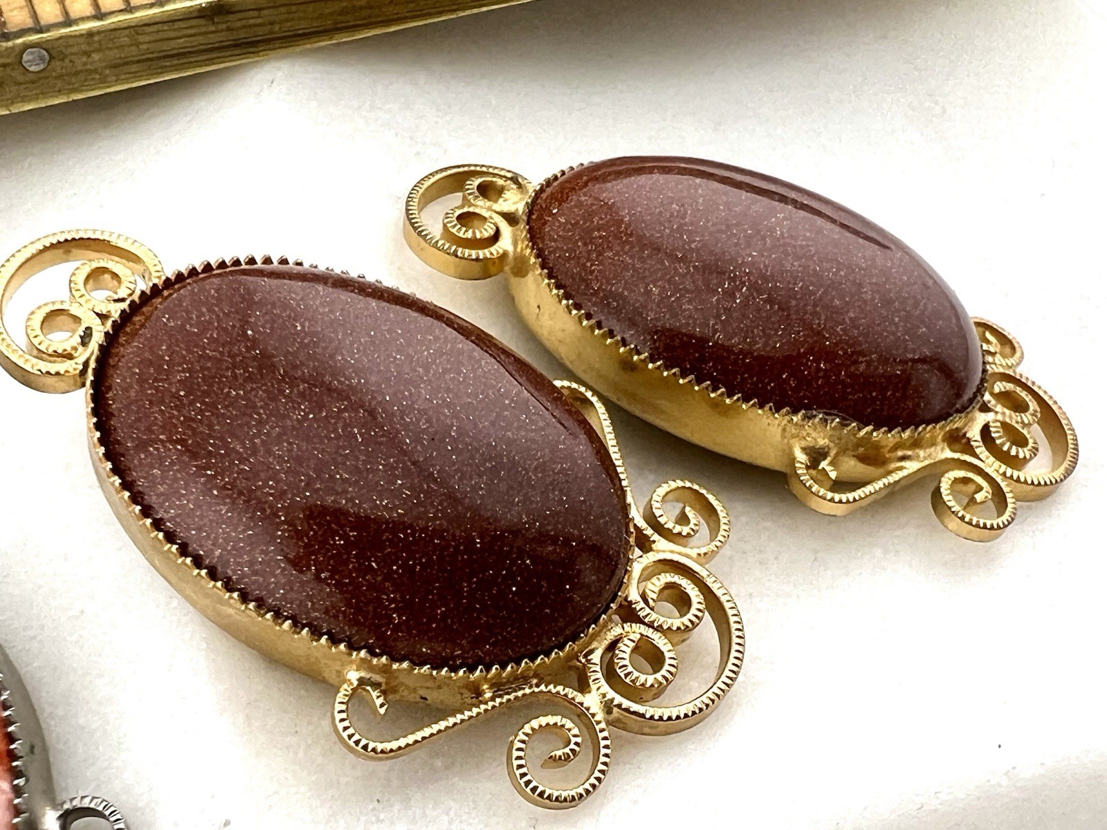 6 Vintage Gemstone Oval Pendants Matched Sets Gold Silver Filigree Findings Lot