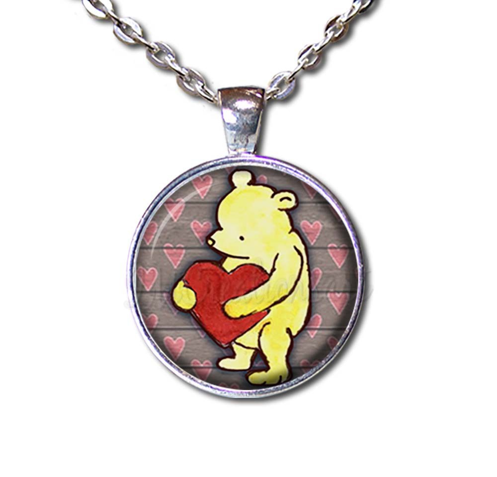 Rustic Pooh with Heart Valentine Gifts – Handmade ROUND Glass Pendant Necklaces